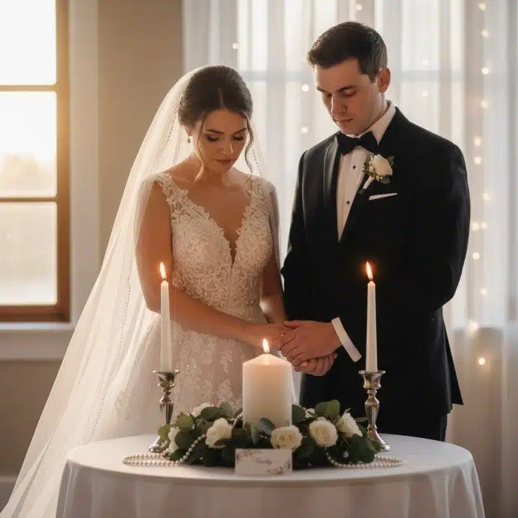 bride and groom praying during a unity candle ceremony